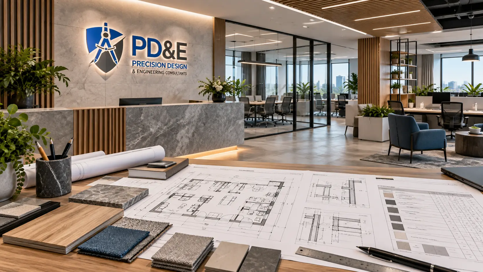 PD&E interior design studio with space planning drawings and material samples