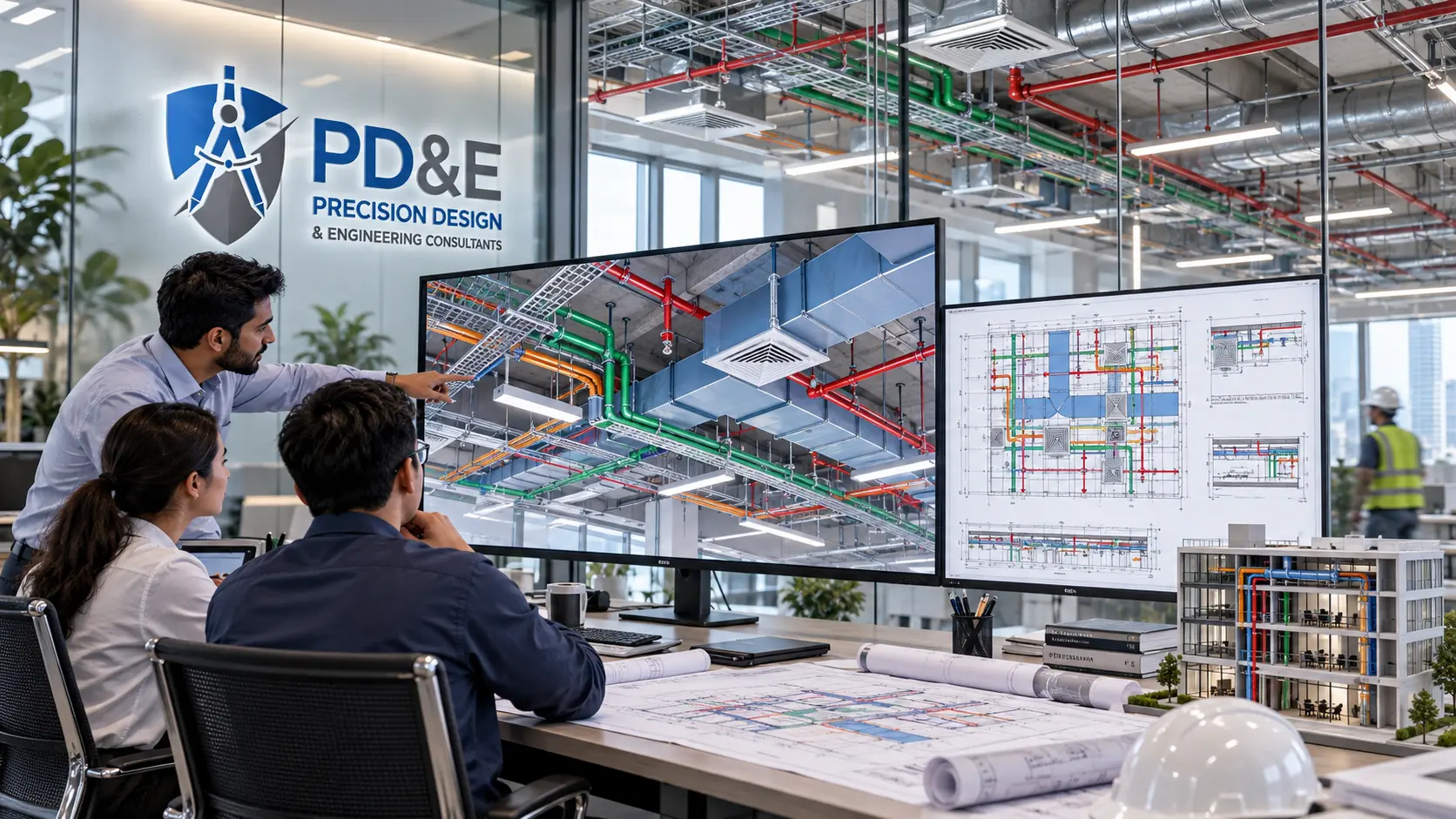 PD&E MEP coordination studio showing HVAC, electrical, plumbing and fire-fighting services